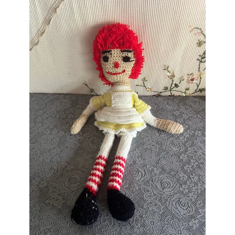 Handmade Crochet Raggedy Ann Style Doll Red Yarn Hair Yellow Dress About 22 In